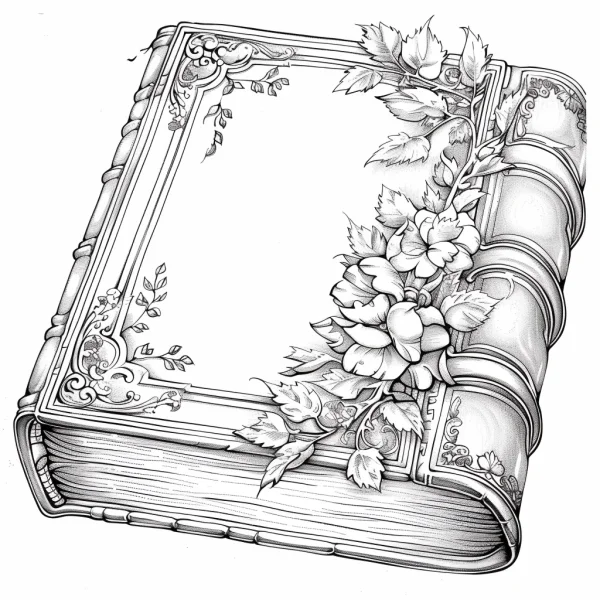 Vintage book decorated with flowers and vines, retro decorative art style — free printable books coloring book page