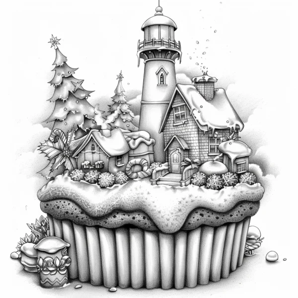 Cupcake-shaped christmas town with houses and lighthouse, fairy tale style — free printable desserts coloring book page