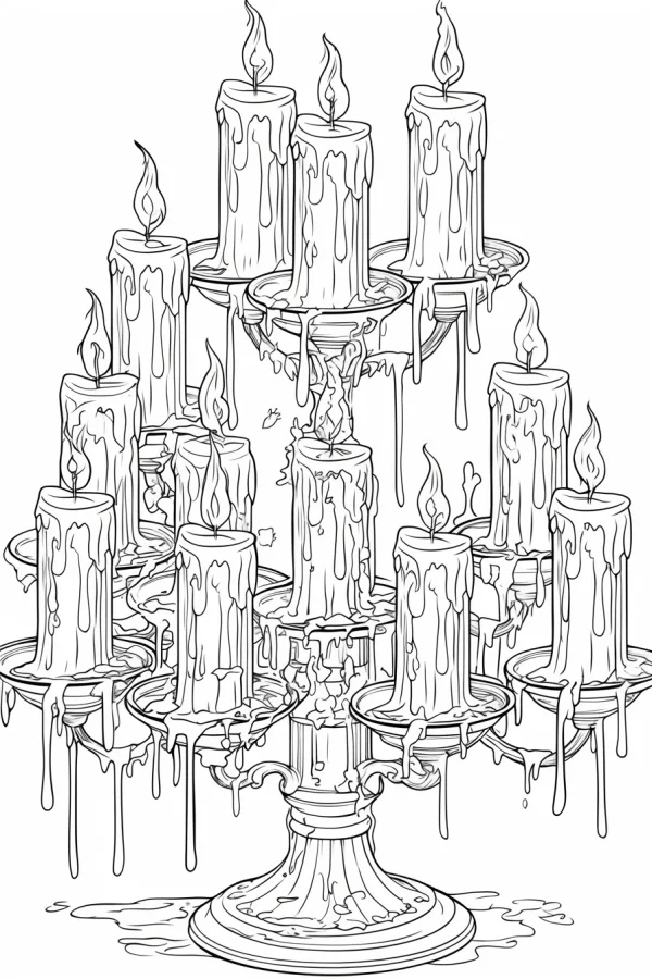 Vintage multi-tiered candelabra with melting candles and candle flames, retro realistic style — free printable living items coloring book page