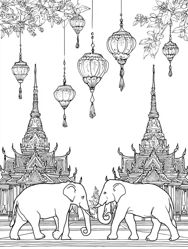 Southeast asian spired temples and elephants, southeast asian style — free printable southeast asia coloring book page