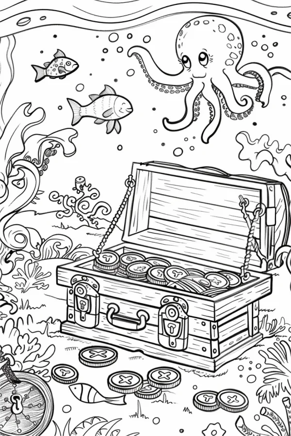 Underwater treasure chest with cute octopus and fish, cartoon style — free printable treasure coloring book page