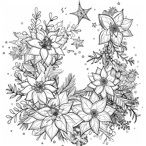 Christmas poinsettia wreath, line art style — free printable natural flowers coloring book page