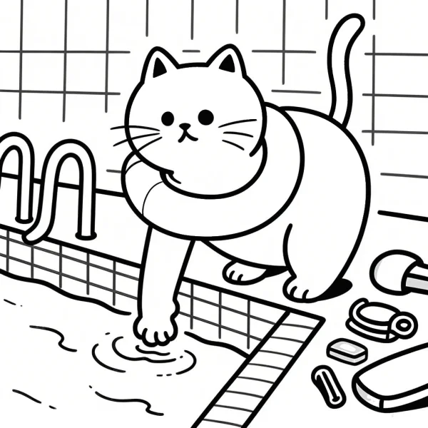 Chubby cat wearing swim ring by the swimming pool, cartoon style — free printable swimming coloring book page
