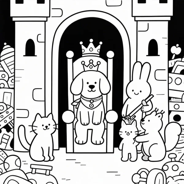 Crowned dog king sitting on throne in castle, cartoon style — free printable coloring page