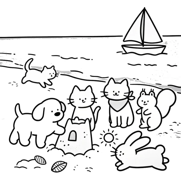 Cute little animals (dog, cats — free printable outdoor play coloring book page