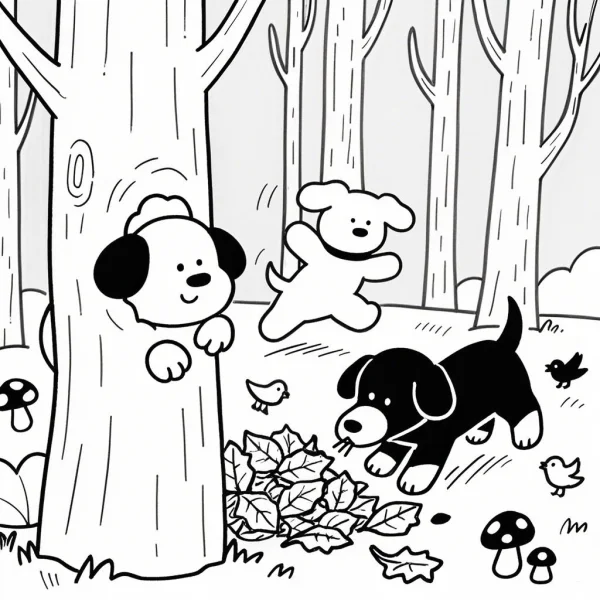 Playful puppies in autumn forest, cartoon style — free printable play coloring book page
