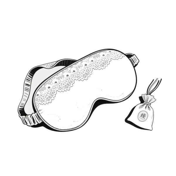 Lace-trimmed sleep eye mask and small sachet with chinese character, sketch style — free printable living items coloring book page