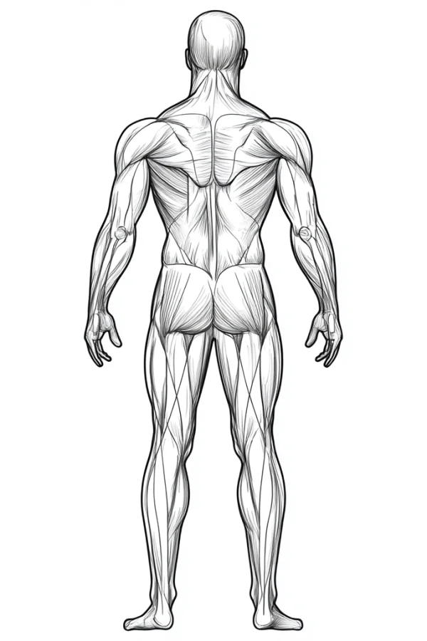 Male back muscle anatomy line art, realistic sketch style — free printable education coloring book page