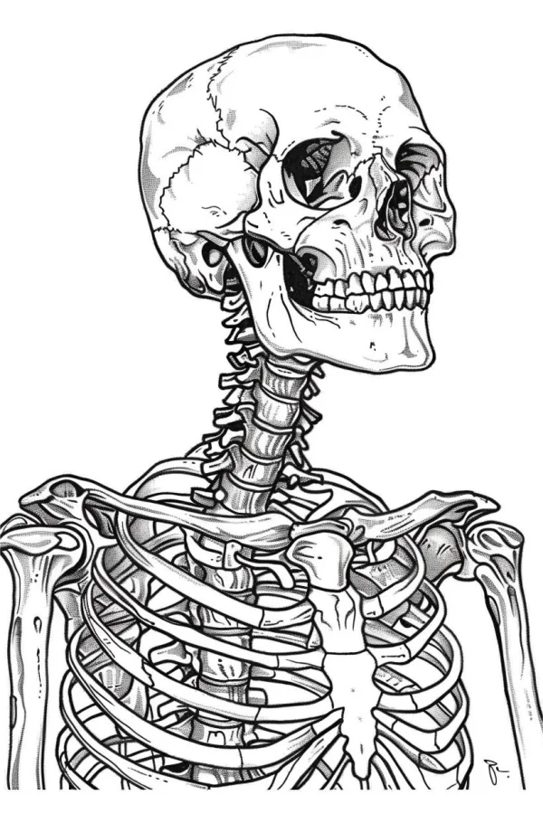 Upper body human skeleton, realistic style — free printable human skeleton coloring book page