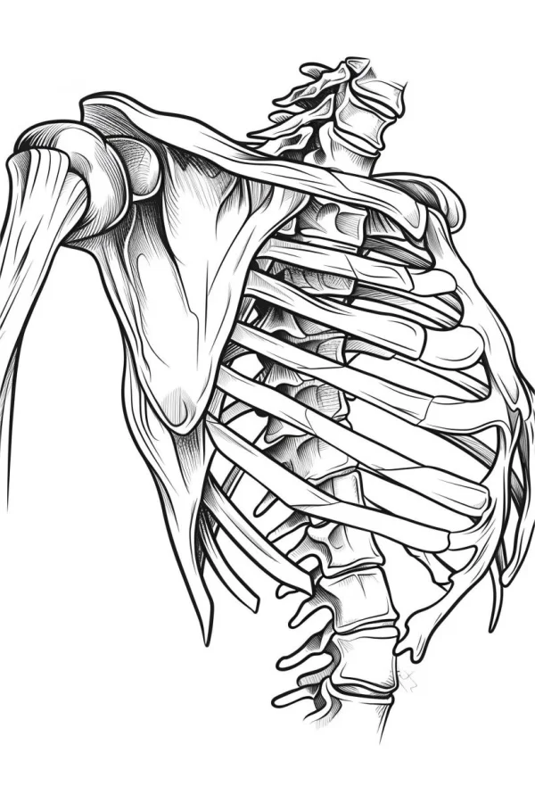 Upper body human skeleton (spine, ribs — free printable human skeleton coloring book page