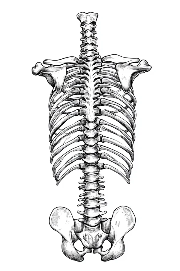 Human torso skeleton, realistic sketch style — free printable human skeleton coloring book page