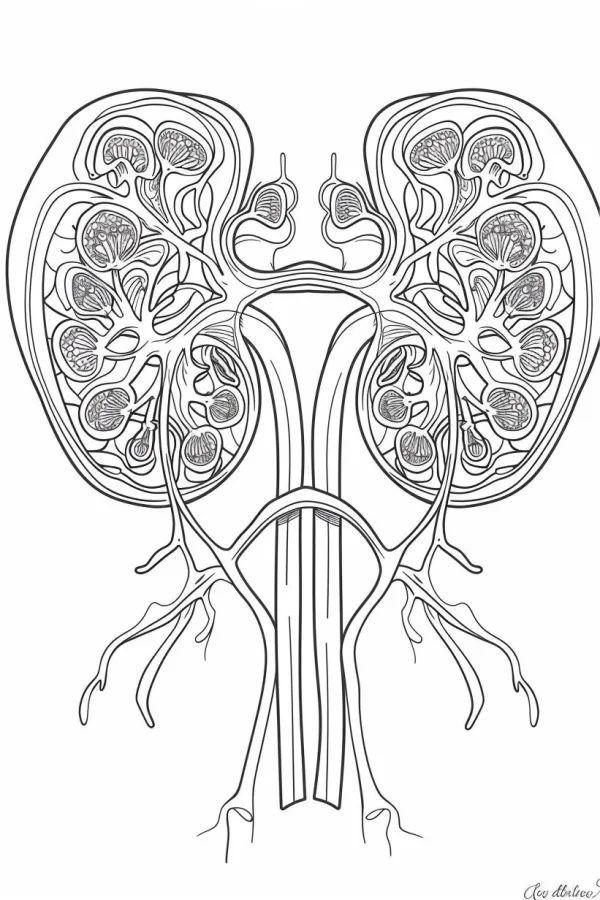 Human kidney anatomical structure, scientific realistic illustration style — free printable medical anatomy coloring book page