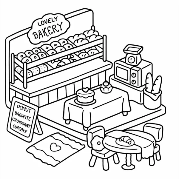Lovely bakery interior scene, cartoon style — free printable bakery coloring book page
