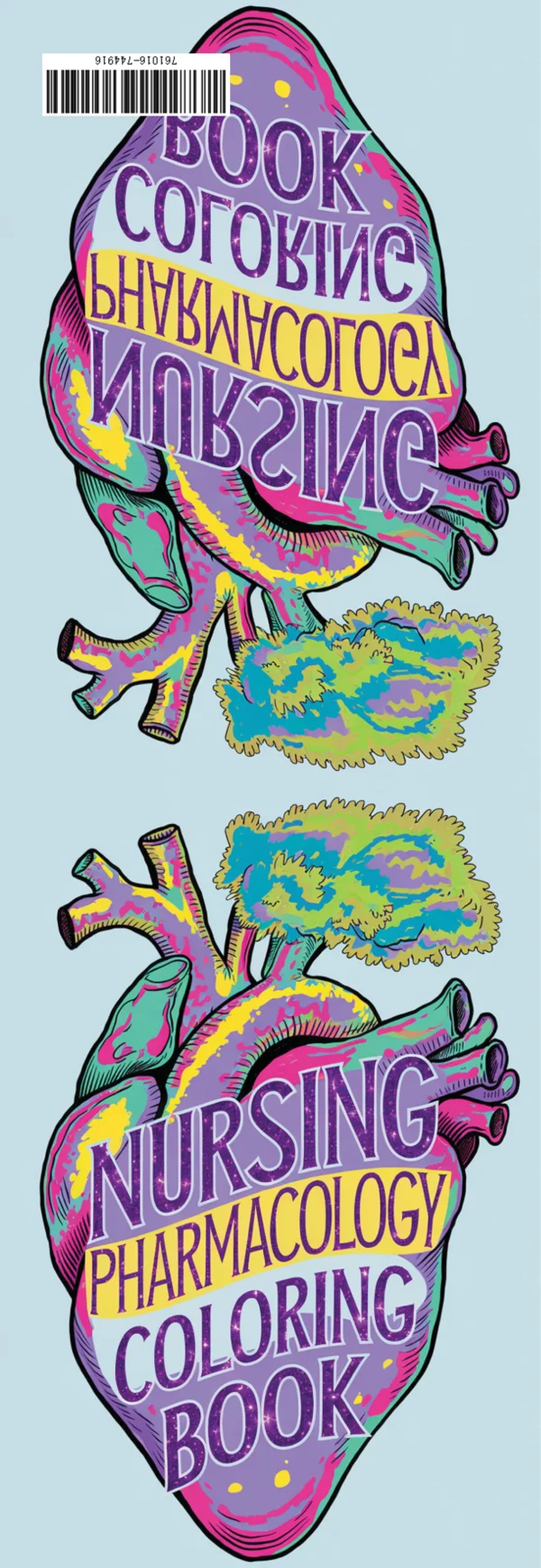 Coloring book cover, anatomical heart with bold artistic text 'nursing pharmacology coloring book' — free printable coloring page