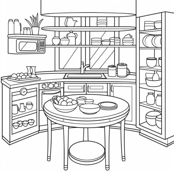 Kitchen interior scene, realistic line art style — free printable kitchen coloring book page
