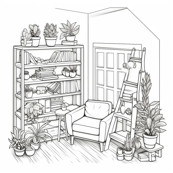 Cozy indoor corner filled with potted plants, bookshelf and armchair — free printable indoor life coloring book page