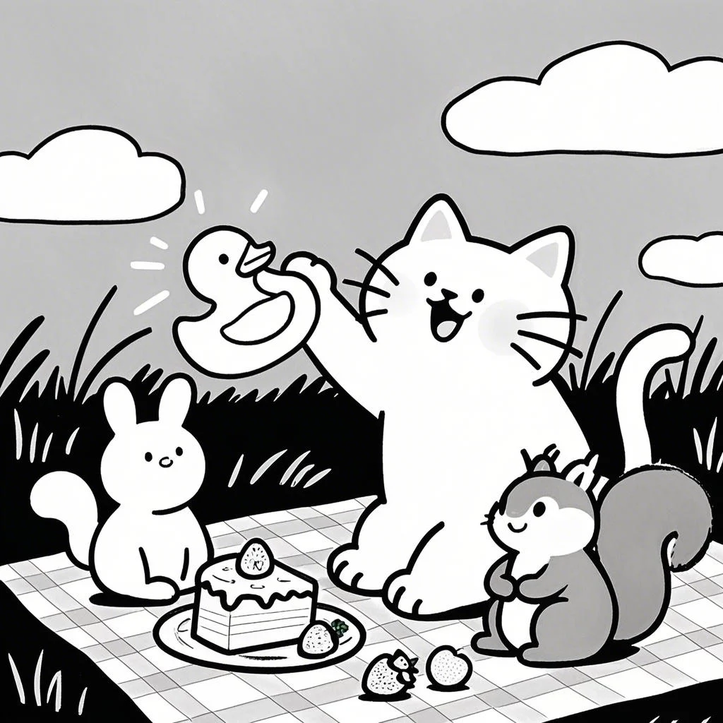 Cute animals having a picnic including cat, rabbit and squirrel — cartoon style — beginner-friendly — line art coloring page — for kids and adults of all ages
