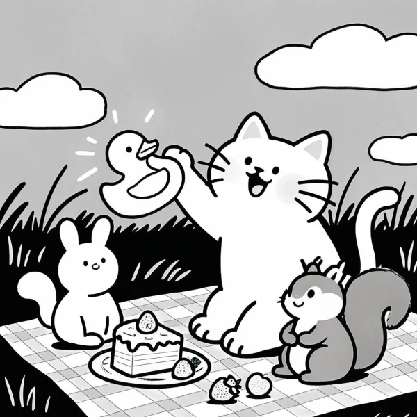 Cute animals having a picnic including cat, rabbit and squirrel — free printable coloring page