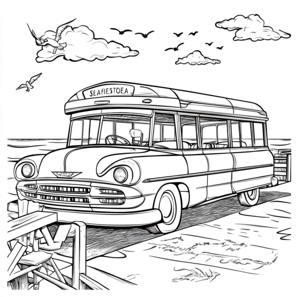 Vintage beach bus, realistic line art style — free printable sky coloring book page