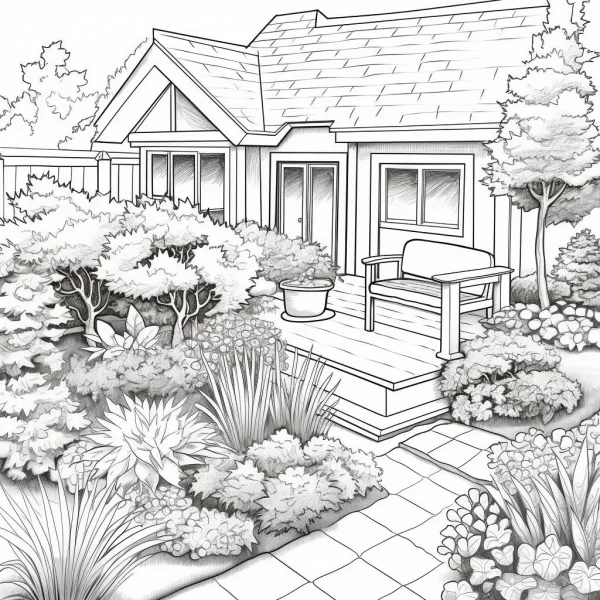 House with lush backyard garden, realistic sketch style — free printable residential coloring book page