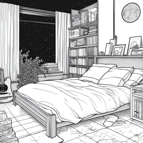 Cozy bedroom scene, realistic line art style — free printable night coloring book page