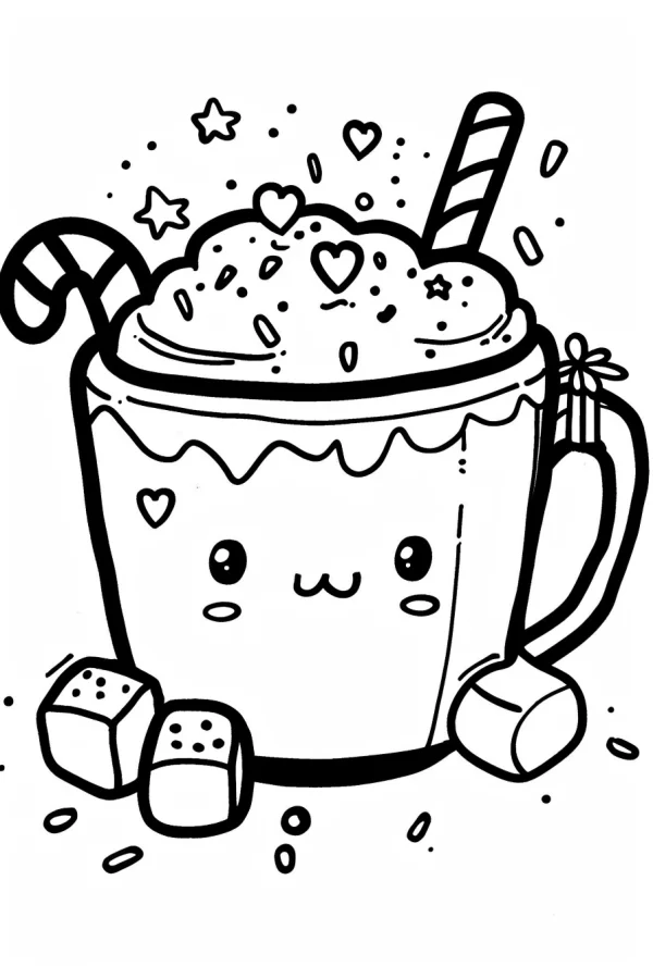 Cute anthropomorphic hot drink mug with whipped cream, cartoon style — free printable coloring page