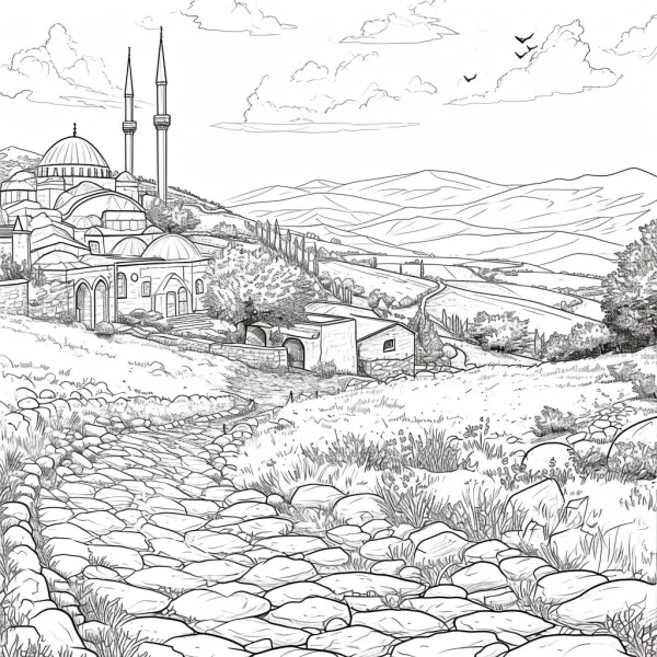 Mosque with minarets in a rural mountain landscape, realistic line art style — free printable middle eastern culture coloring book page
