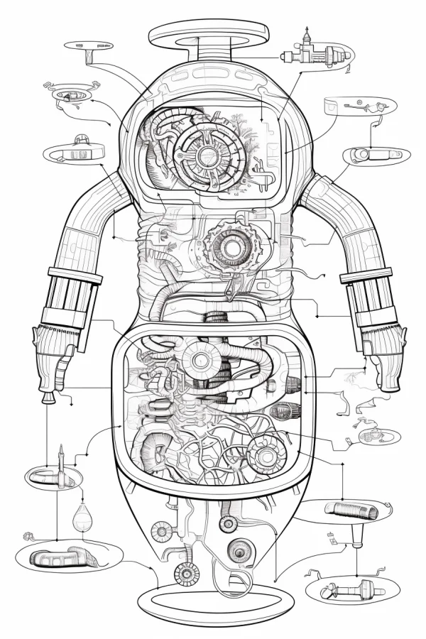 Disassembled mechanical robot with internal gears and pipes, sci-fi mechanical style — free printable technology coloring book page