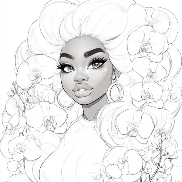 Cartoon girl with big curly hair surrounded by orchids, cartoon style — free printable character theme coloring book page
