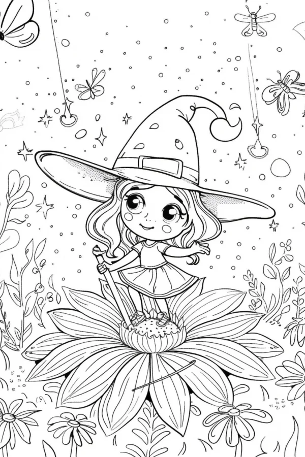 Cute little witch standing on a giant flower, cartoon fairy tale style — free coloring book page