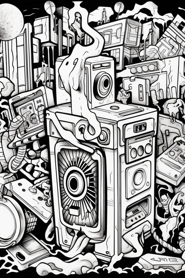 Twisted pile of retro electronics including boomboxes, game consoles — free printable technology coloring book page