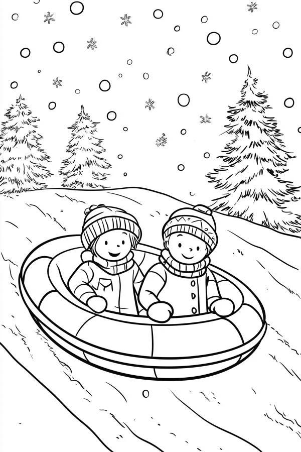 Two kids sledding in a snow tube, cartoon style — free printable outdoor sports coloring book page
