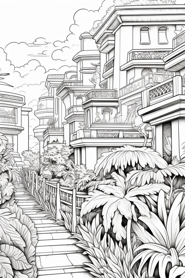Hillside buildings surrounded by tropical plants, realistic line art style — free printable architectural landscape coloring book page
