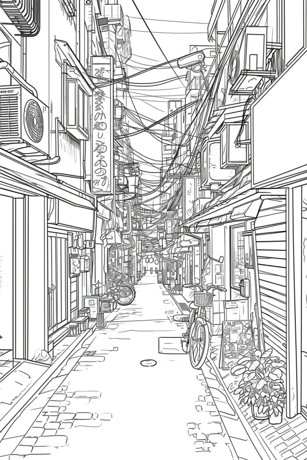 Japanese narrow alley street, japanese style — free printable street scene coloring book page