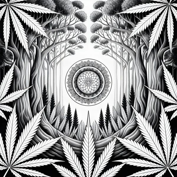 Marijuana leaves surrounding forest with central mandala, art nouveau style — free printable abstract creativity coloring book page