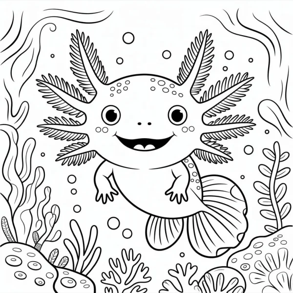 Cute axolotl, cartoon style — free printable amphibians coloring book page