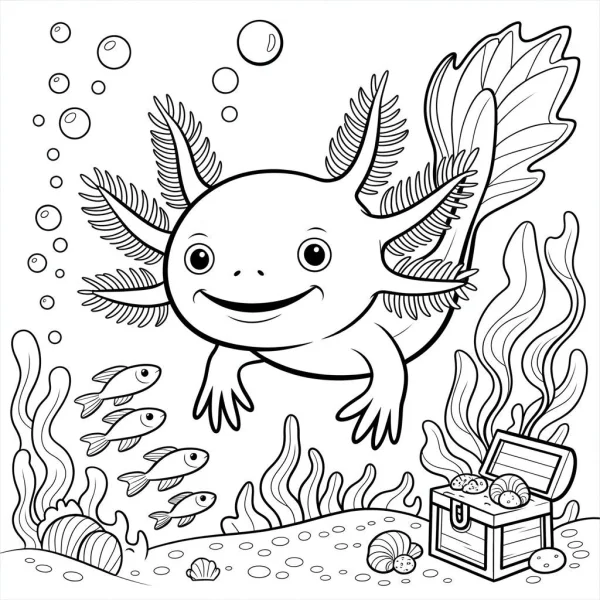 Smiling axolotl, cartoon style — free printable underwater world coloring book page