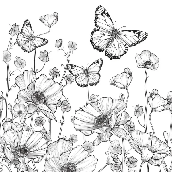 Poppies and butterflies, nature themed — free printable butterfly coloring book page