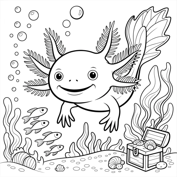 Smiling axolotl in underwater scene, cartoon style — free printable underwater world coloring book page