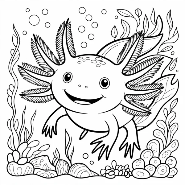 Cute cartoon axolotl, underwater scene with seaweed — free printable amphibians coloring book page