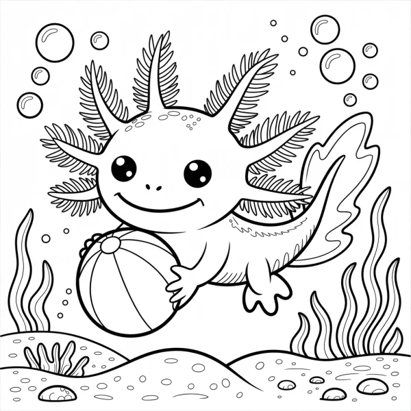 Cute cartoon axolotl holding a beach ball, underwater scene with seaweeds — free printable play coloring book page