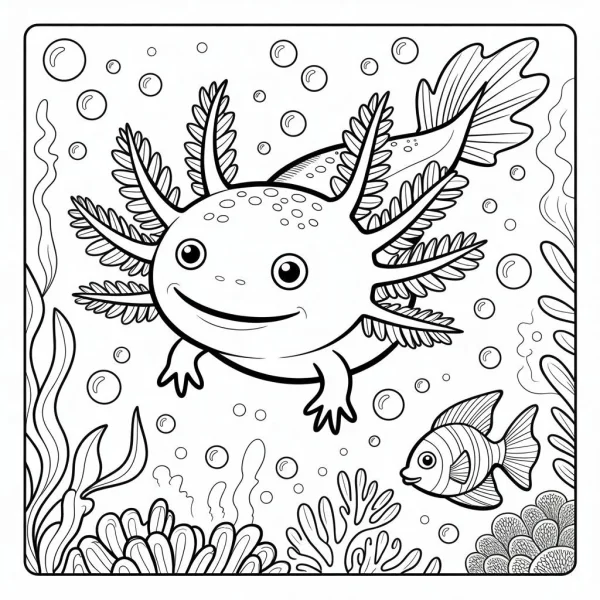 Cute cartoon axolotl in underwater scene, cartoon style — free printable amphibians coloring book page