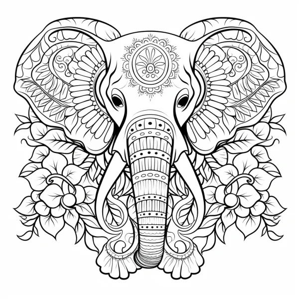 Mandala-decorated elephant, surrounded by flowers and leaves — free printable mandala art coloring book page