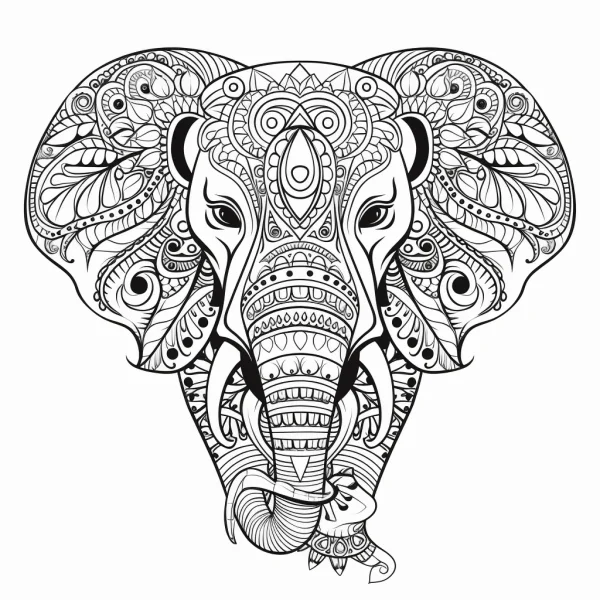 Mandala-style elephant head, intricate decorative mandala patterns on the face and ears — free printable mandala art coloring book page