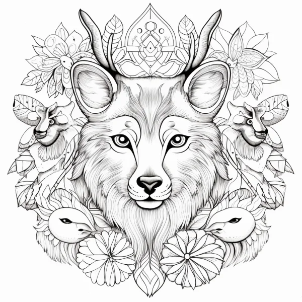 Fantasy wolf head with antlers, mandala style — free printable mammals coloring book page