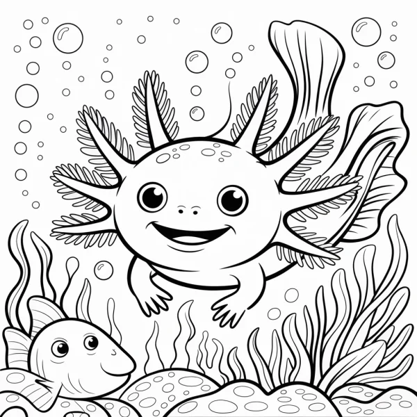 Cartoon axolotl, underwater scene with fish — free printable underwater scene coloring book page