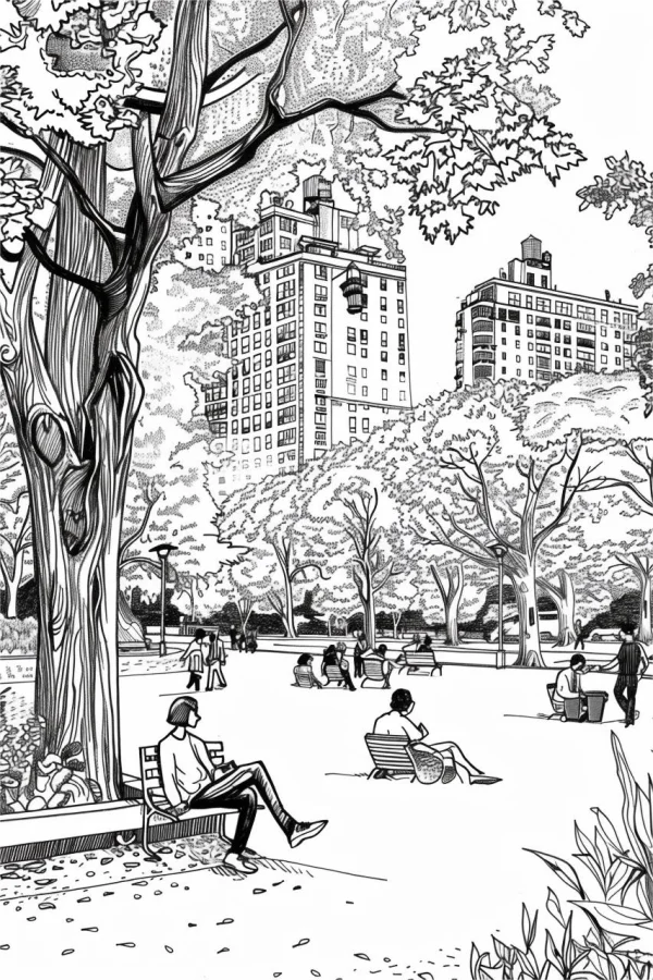 Urban park leisure scene with people relaxing on benches, realistic illustration style — free printable city park coloring book page