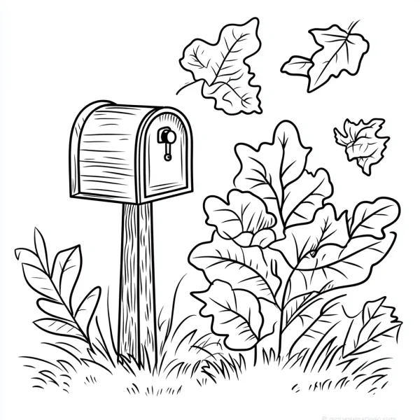 Wooden mailbox with autumn plants and fallen leaves in outdoor scene, sketch style — free printable daily scene coloring book page