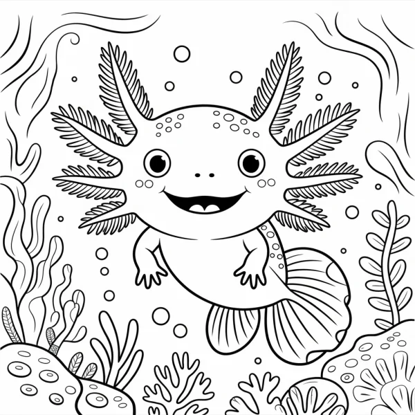 Cute axolotl in underwater scene, cartoon style — free printable amphibians coloring book page