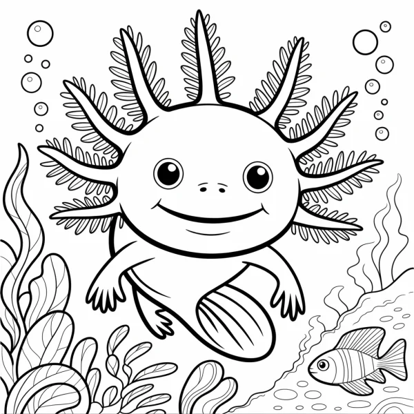 Cute cartoon axolotl in underwater scene, with aquatic plants — free printable amphibians coloring book page